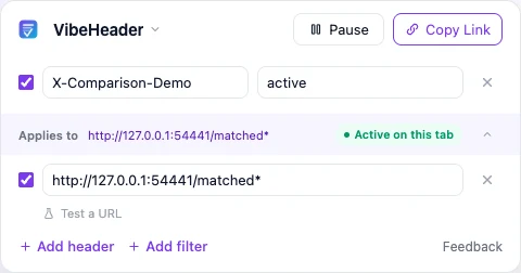 VibeHeader configuring one request header and one URL Filter in the same focused popup