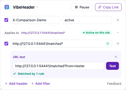 VibeHeader showing a header, URL Filter, current-tab status, and successful exact URL test in one popup