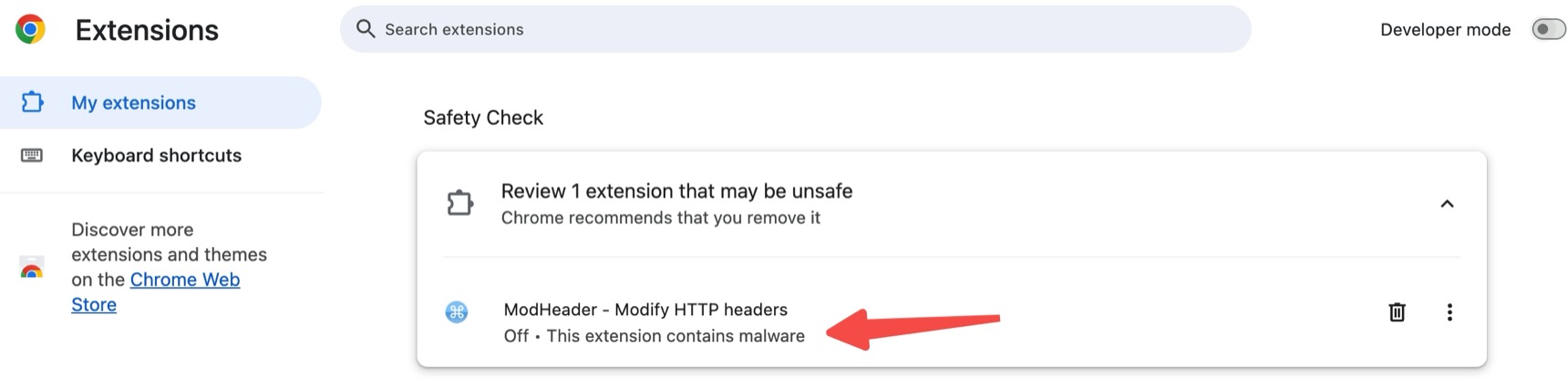 Chrome Extensions Safety Check flagging 'ModHeader - Modify HTTP headers' as 'This extension contains malware' and recommending removal