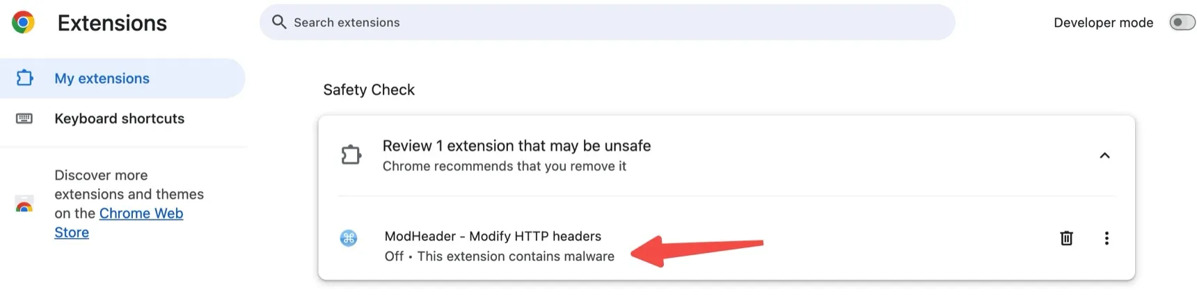 Chrome Extensions Safety Check flagging 'ModHeader - Modify HTTP headers' as 'This extension contains malware' and recommending removal