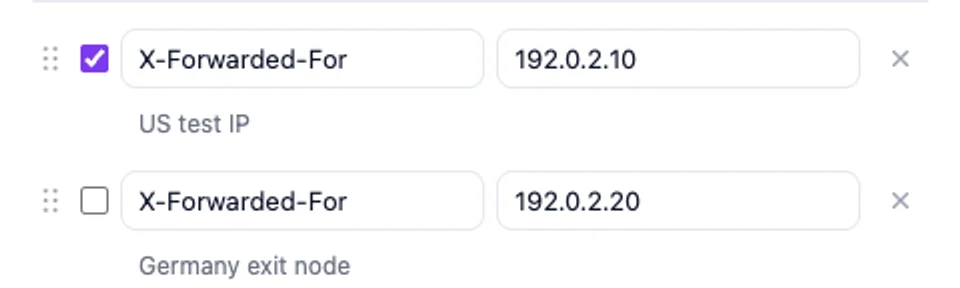 VibeHeader Header comments labeling US and Germany X-Forwarded-For test values