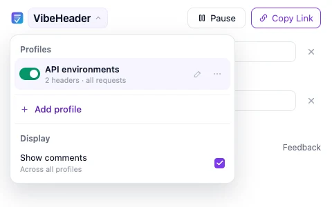 VibeHeader Profile menu with the Show comments display option enabled