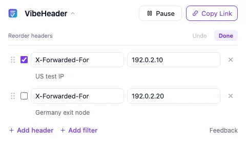 VibeHeader Reorder headers mode with US and Germany X-Forwarded-For rows, country comments, drag handles, Undo, and Done