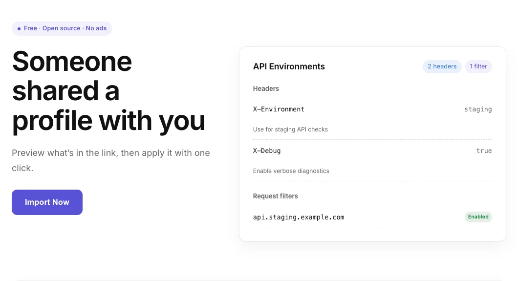VibeHeader share page previewing two ordered request Headers, their comments, one Request Filter, and an Import Now action
