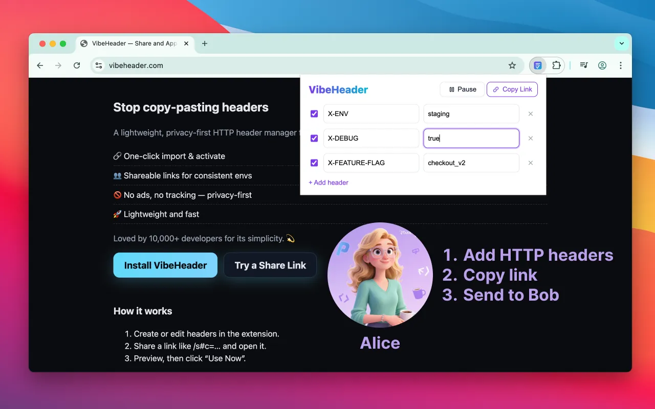 Step 1 — configure headers in VibeHeader and copy a share link
