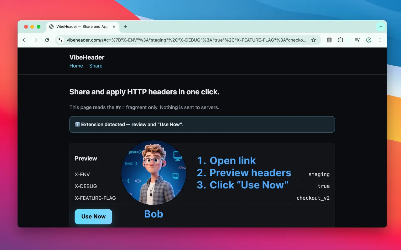 Step 2 — the receiver opens the share link and previews the headers