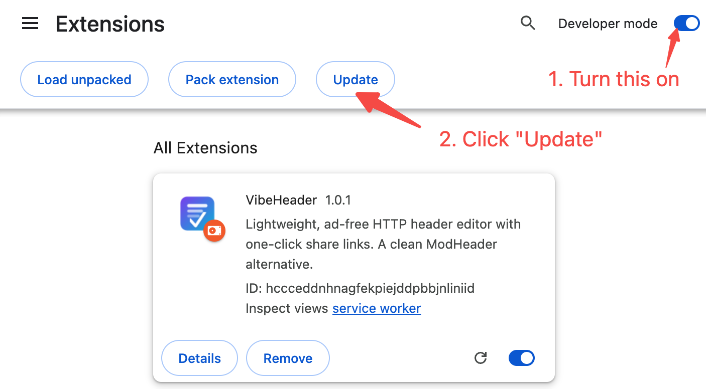 Chrome Extensions page with Developer mode enabled and the Update button highlighted