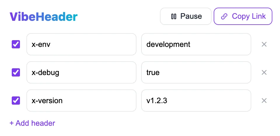 The VibeHeader extension UI: a clean list of HTTP header rules with a share-link button, no ads