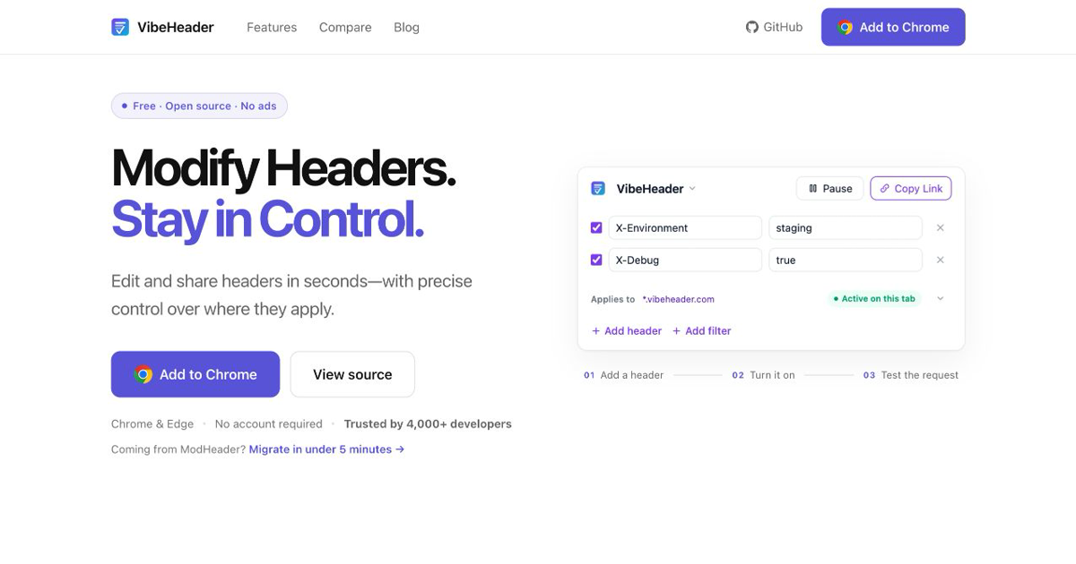 VibeHeader — Open-Source ModHeader Alternative for Chrome & Edge