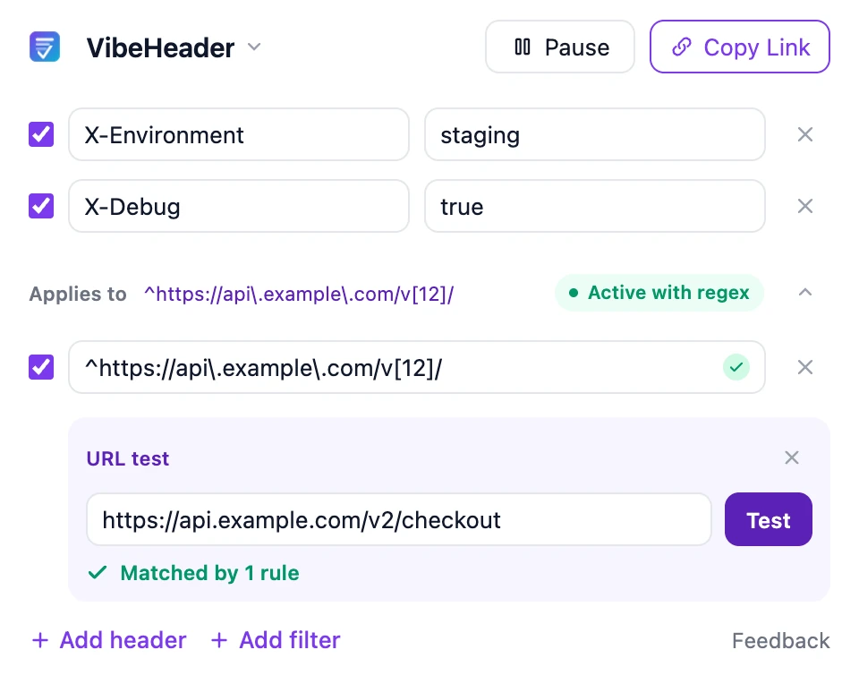 A VibeHeader regular expression matching an API URL in the built-in URL tester