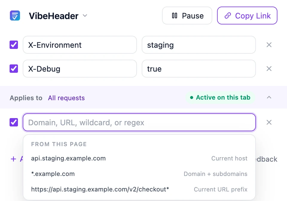 VibeHeader suggesting the current host, domain and subdomains, and current URL prefix