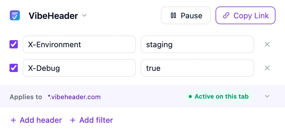 A simple VibeHeader setup with request headers and a request URL filter