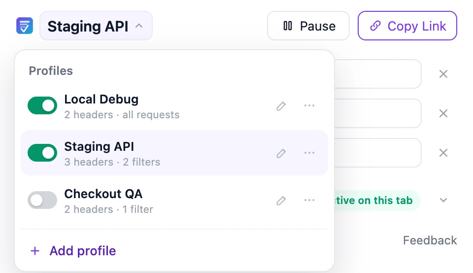 VibeHeader showing Local Debug, Staging API, and Checkout QA Profiles