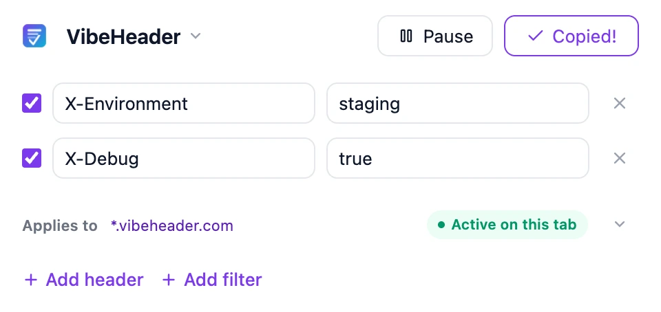 VibeHeader confirming that the filtered vibeheader.com setup link was copied