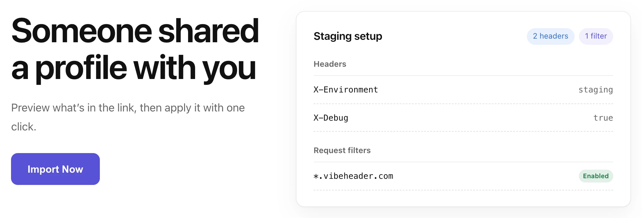 Shared VibeHeader Profile preview showing headers and a Request Filter before import